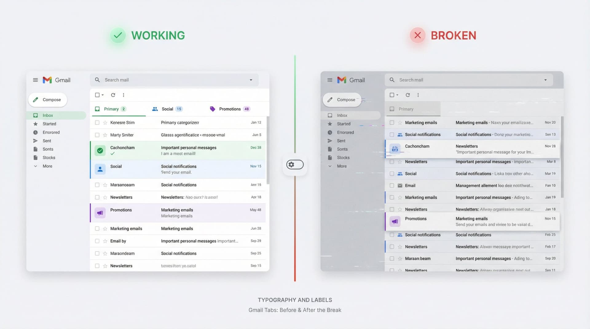 Split-screen comparison showing Gmail with working tabs on left and broken tabs on right