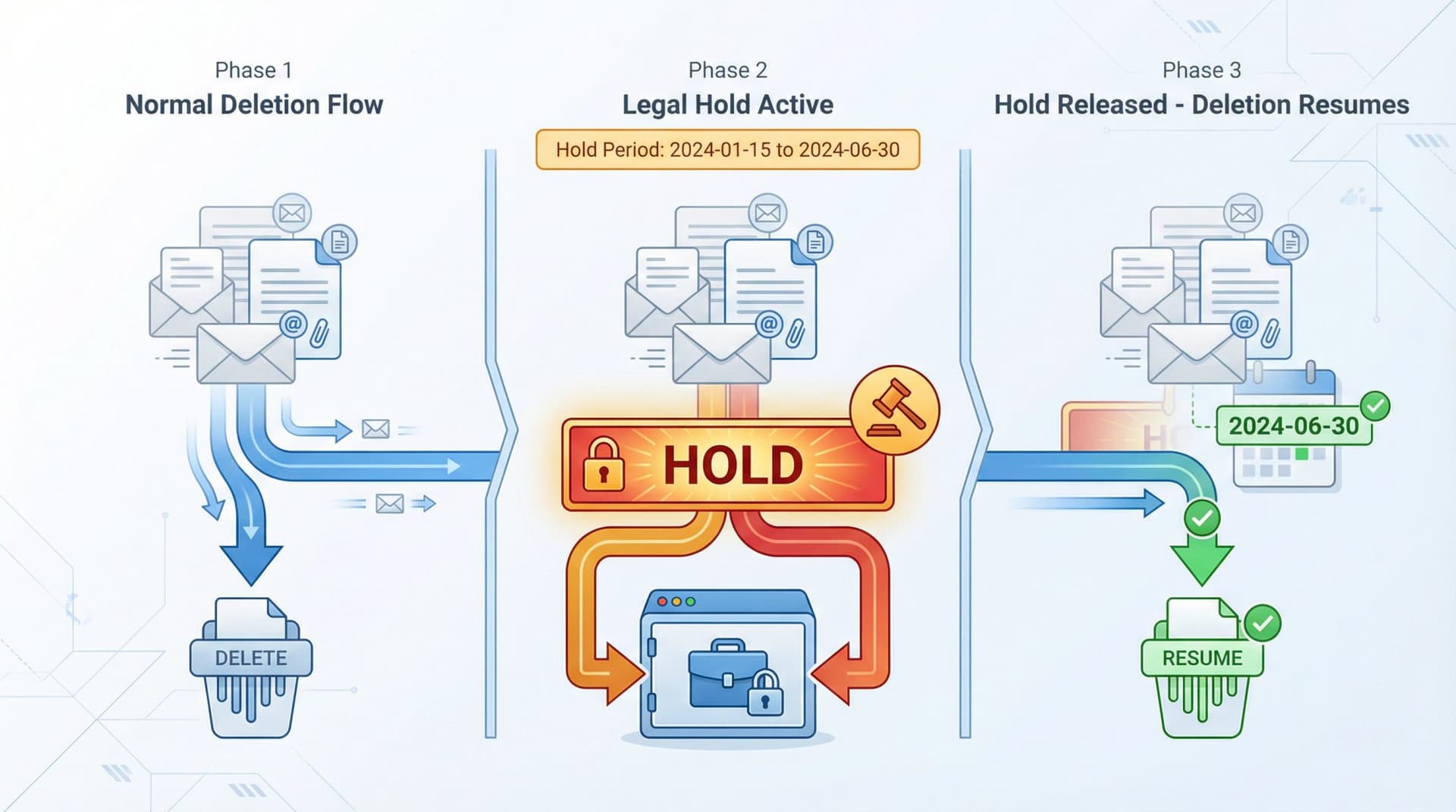Visual workflow showing how legal holds interrupt normal email deletion processes, with a timeline depicting a scoped, time-bound hold period that pauses deletion until the legal matter concludes, contrasting indefinite retention